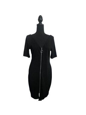 Black Ribbed Full Zip-Front Mini Dress With V-Neckline & Ring Pull Accent, XL